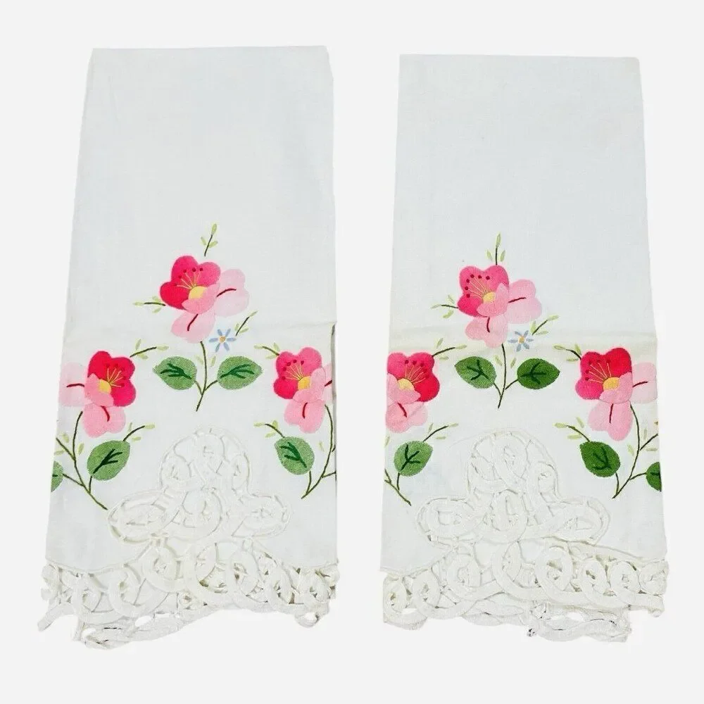 Vintage Pink Flower Linen Tea Towels Set 2 Lace Edge 22x14 Appliqué Embroidered